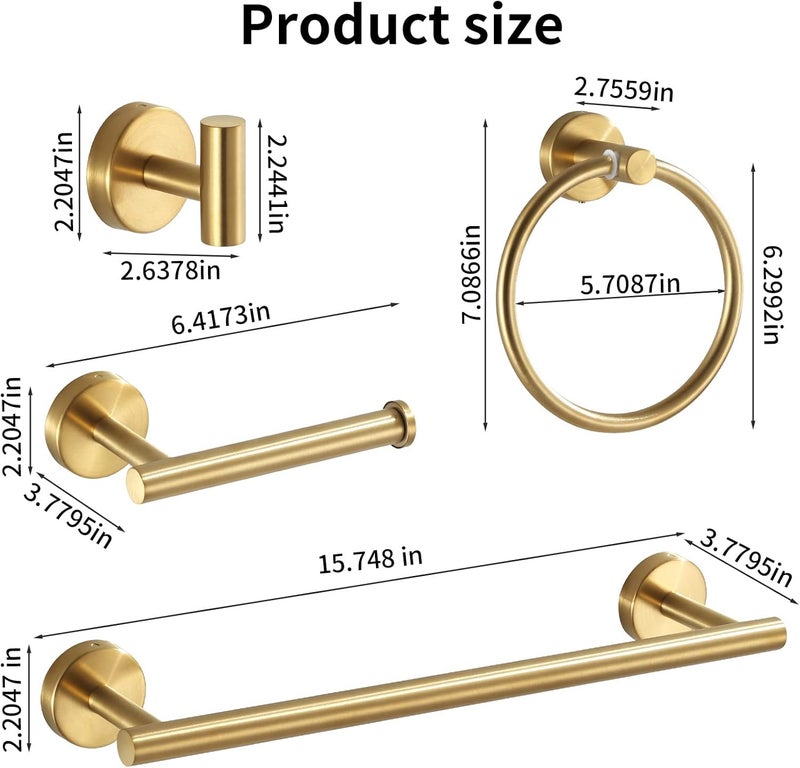 Hinmood Bathroom Hardware Set Brushed Gold, 10pcs Towel Bar Set Including 2pcs16 inch Towel Bars, Toilet Paper Holders, Towel Rings and 4pcs Robe Towel Hooks - Image 4